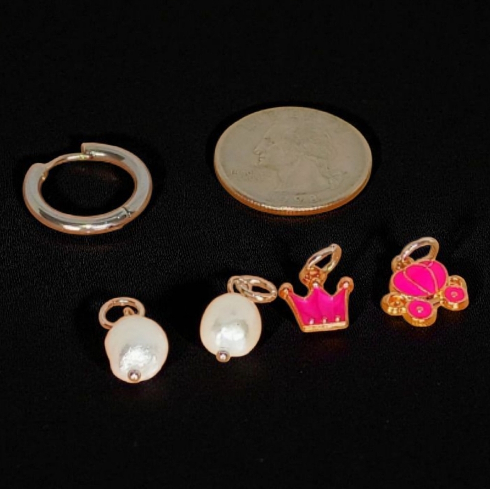 Silver Hoops Interchangable Pearl & Hot Pink Enamel Charms Mod 1960s Dopamine - Picture 7 of 10